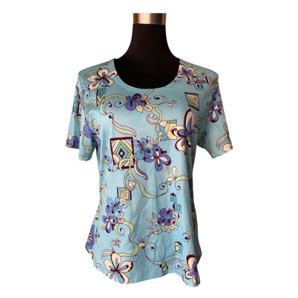 Vintage 90s/2000s Blue & Purple Floral Print Short Sleeve Tee Y2K Style S/M